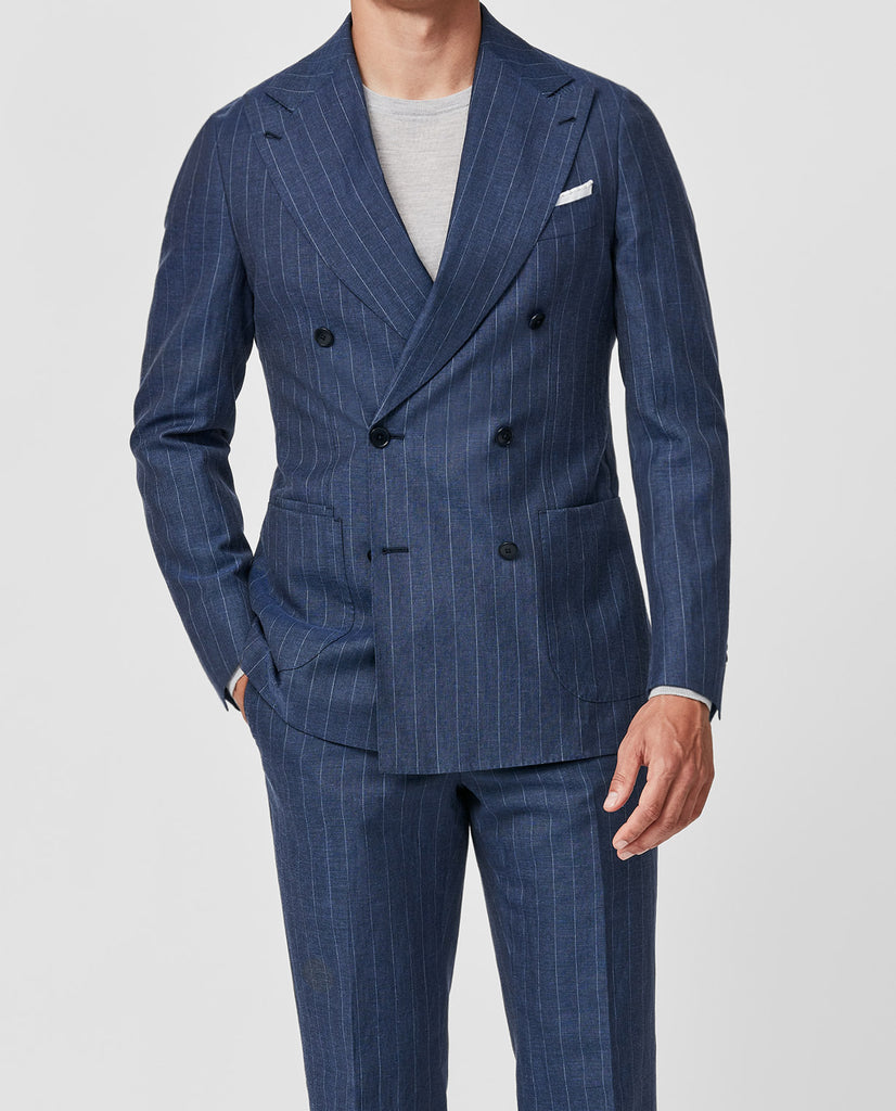 Barberis Canonico Blue Wool & Linen Plain Weave With Tonal Pinstripe