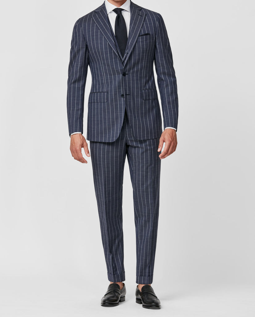 Cerruti Indigo S130 Merino Wool Plain Weave with White Pencil Stripe