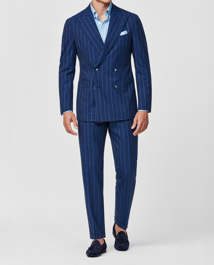 Drago Neapolitan Blue S130 Merino Wool Bi-Stretch Solaro Basketweave with Tonal Pencil Stripe