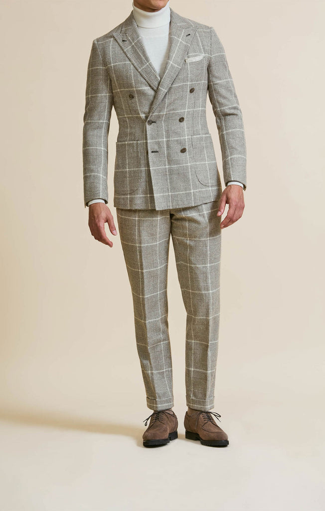 Ferla Alpaca & Merino Wool Flannel Taupe Glencheck with Off White Windowpane