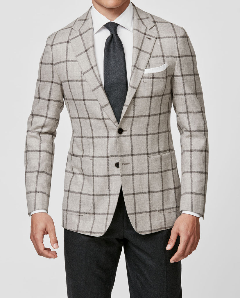 Loro Piana Bone Sharkskin Wool, Silk & Cashmere with Dark Brown Windowpane