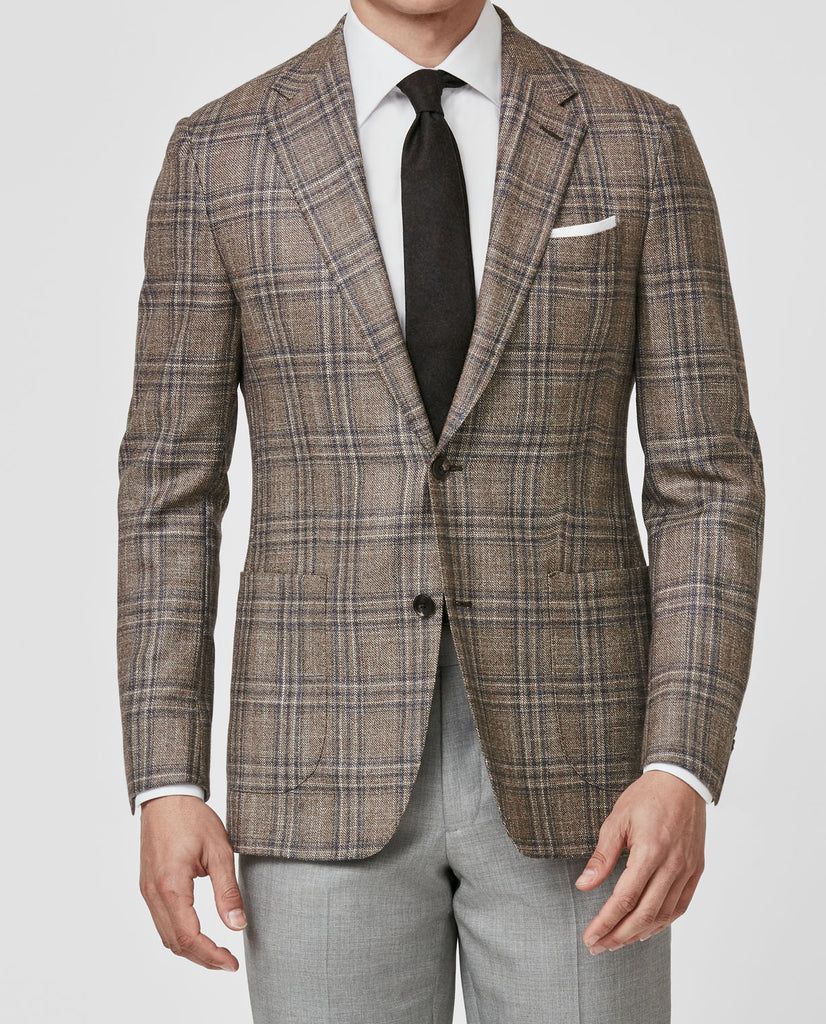 Loro Piana Brown Sharkskin Wool, Silk & Cashmere with Royal Blue Overcheck