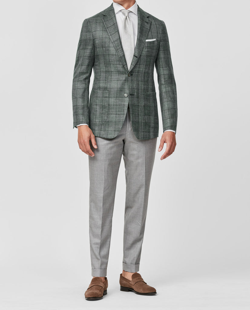 Loro Piana Sage Green Wool, Silk & Linen Check With Tonal Overcheck