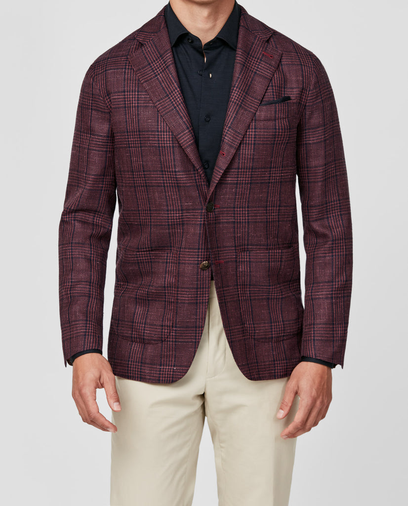 Drago Burgundy Wool, Silk & Linen Glencheck with Black Overcheck