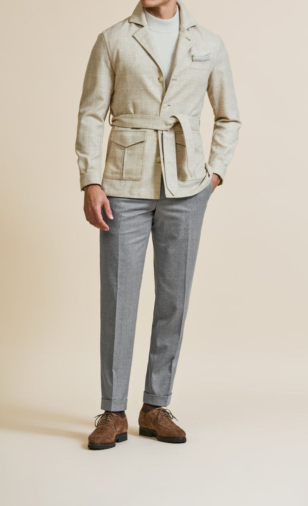 E. Thomas Sand Wool & Cashmere Basketweave with Tonal Windowpane