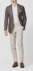 Loro Piana Silk Air Light Brown Wool, Silk & Cashmere with Blue Double Windowpane