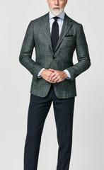 Loro Piana Silk Air Sage Green Merino Wool & Silk Basketweave with Blue Check