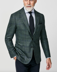 Loro Piana Silk Air Sage Green Merino Wool & Silk Basketweave with Blue Check