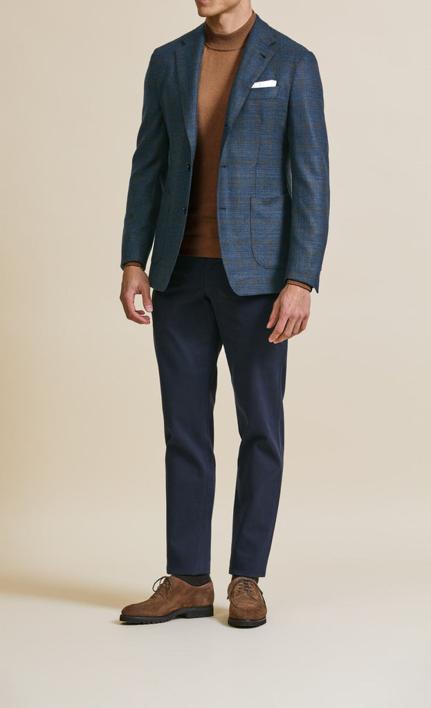 Loro Piana Zelander Aqua Blue Wool with Brown Windowpane