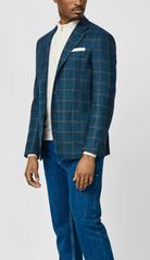 Loro Piana Zelander Aqua Blue Wool with Brown Windowpane