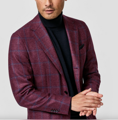 Loro Piana Capolavoro Tweed Berry Red Merino Wool & Silk with Blue Windowpane