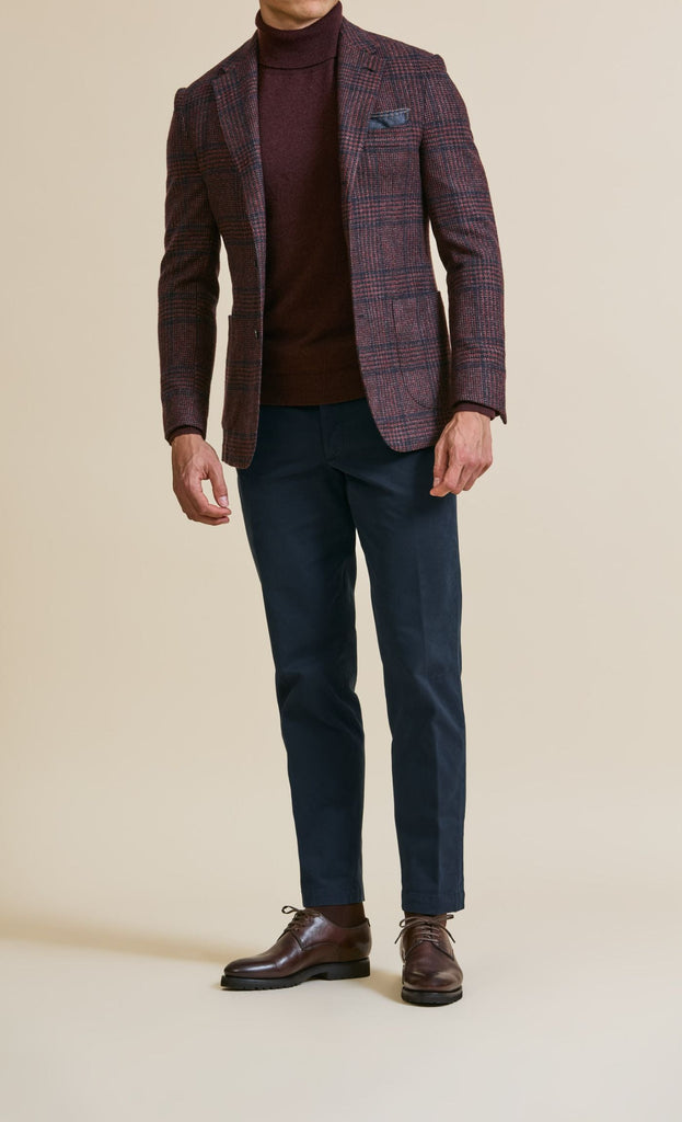 Fratelli Tallia di Delfino Berry Red Merino Wool, Silk & Cashmere Houndstooth with Dark Blue Glencheck