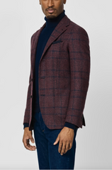 Fratelli Tallia di Delfino Berry Red Merino Wool, Silk & Cashmere Houndstooth with Dark Blue Glencheck