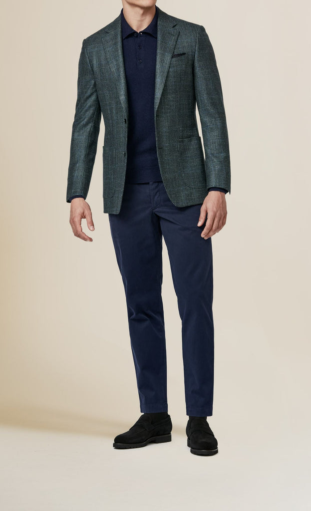 Loro Piana Silk Air Green & Midnight Blue Wool, Silk & Cashmere Glencheck with Blue Check