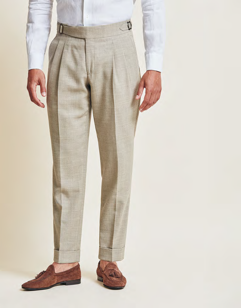 Paulo Oliveira Light Taupe Stretch Wool & Linen Blend Trousers