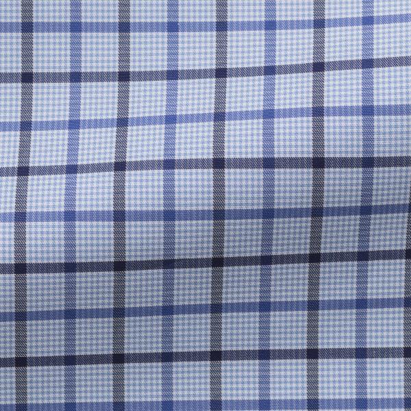 Thomas Mason Light Blue Micro Houndstooth with Blue & Navy Check Two Ply Egyptian Compact Cotton