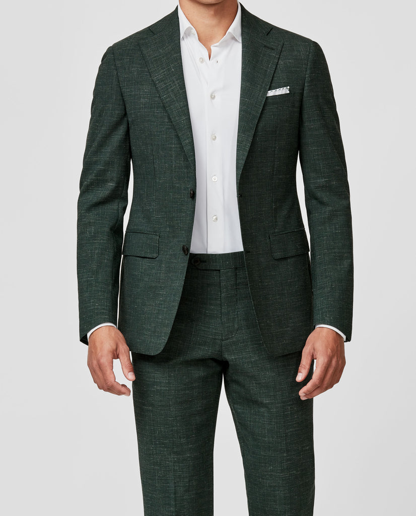 Reda Deep Green Stretch Jaspé Wool & Linen Houndstooth