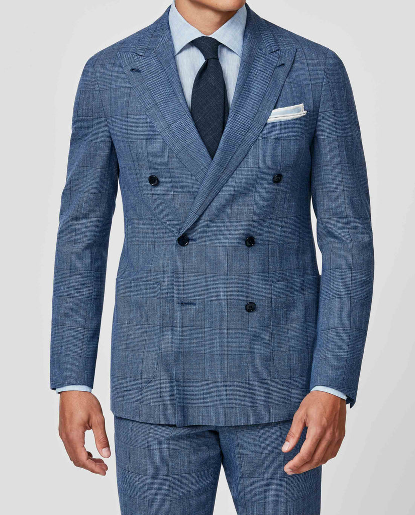 Loro Piana SUMMERTIME Two Blue Wool, Silk & Linen with Glencheck