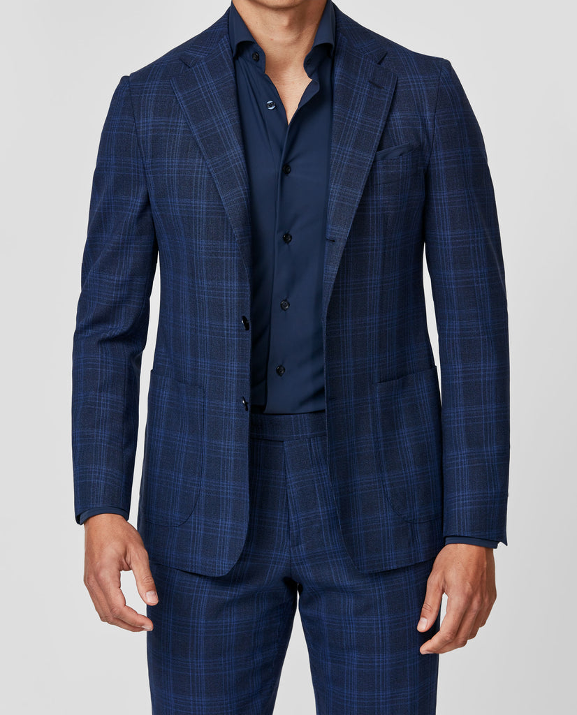 Loro Piana Two Blue Stretch Merino Wool with Royal Blue Check