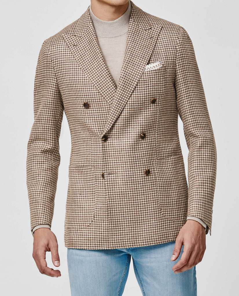 TG Di Fabio Beige & Cedar Brown Wool & Linen Houndstooth Mouliné Twill