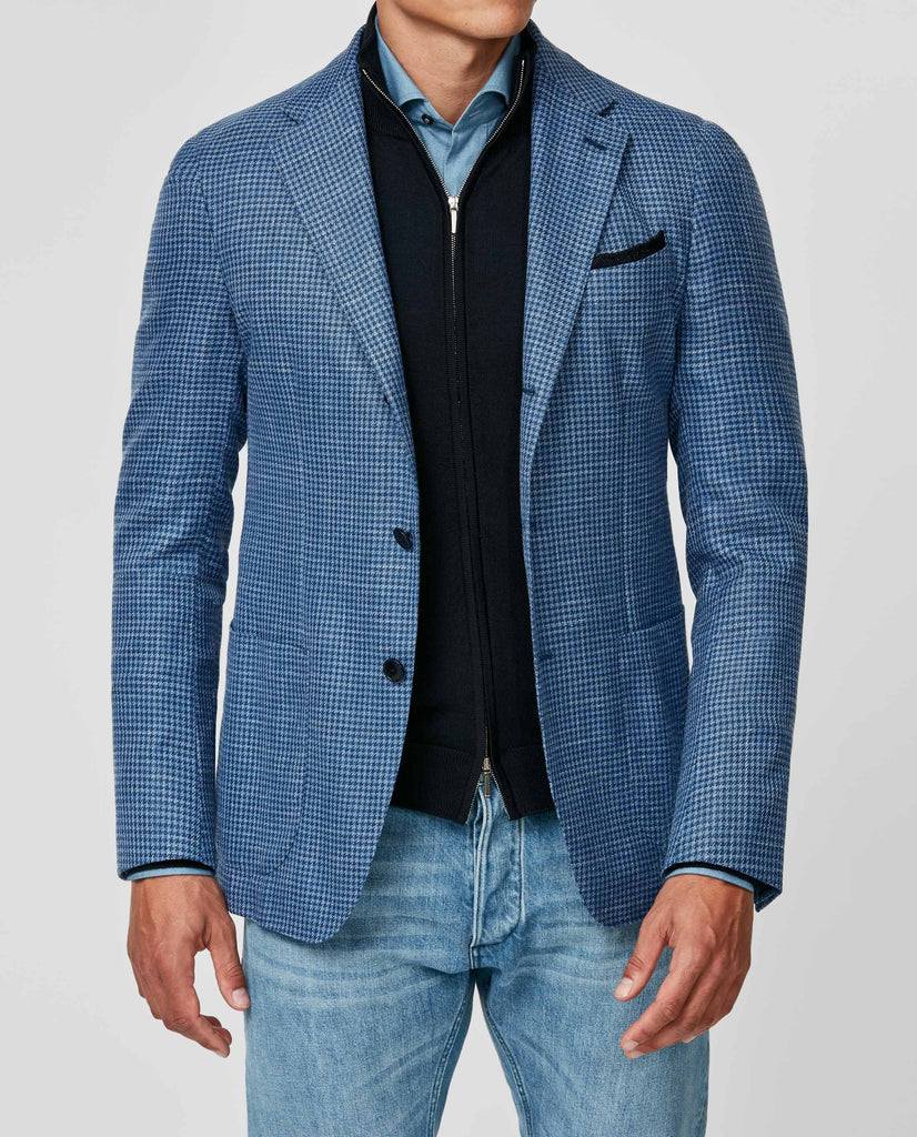 Drago Mixed Blue Wool, Silk & Linen Houndstooth